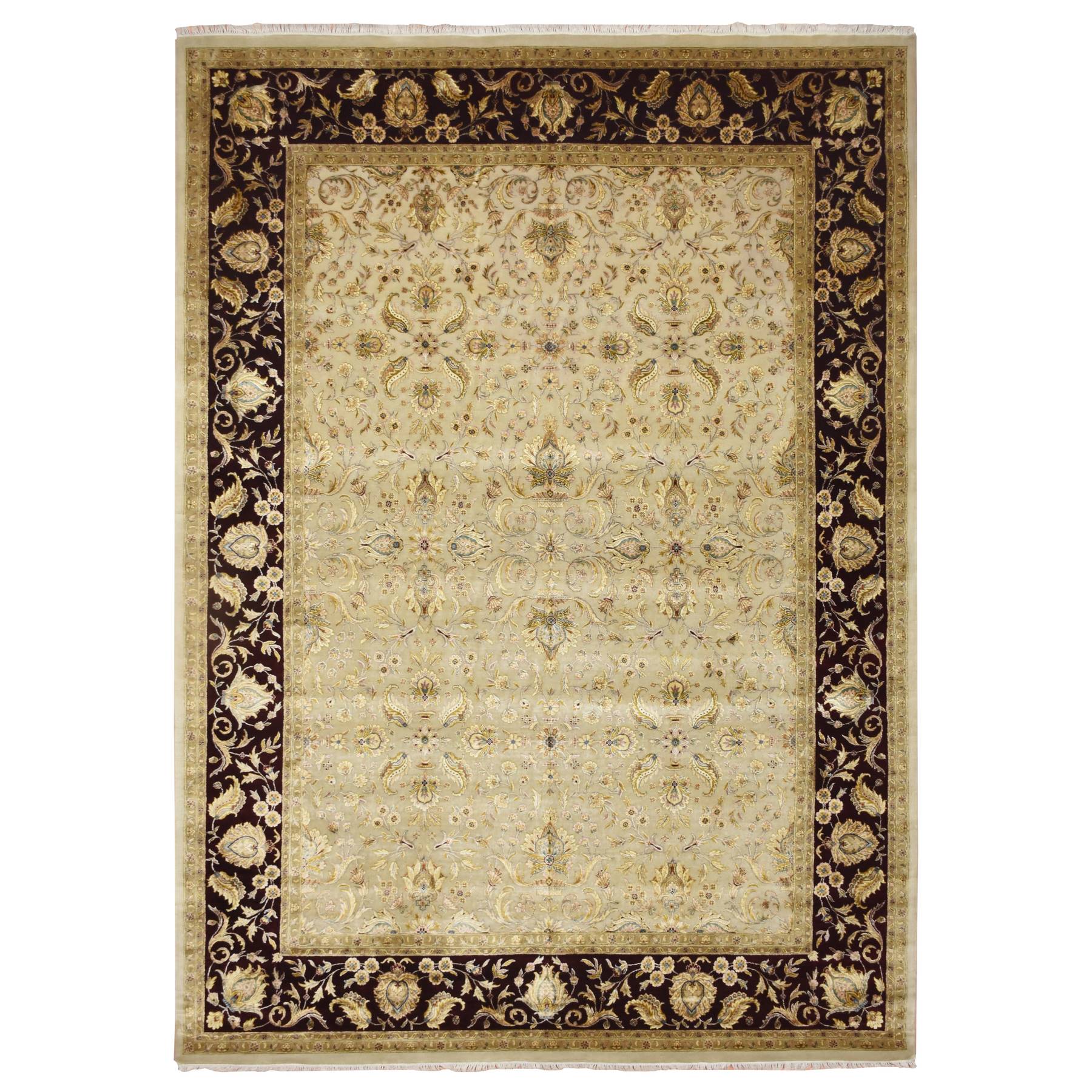 Parchment White, Rajasthan with All Over Leaf Design, Hand Knotted, Wool and Silk, Densely Woven, Thick and Plush, Oriental Rug